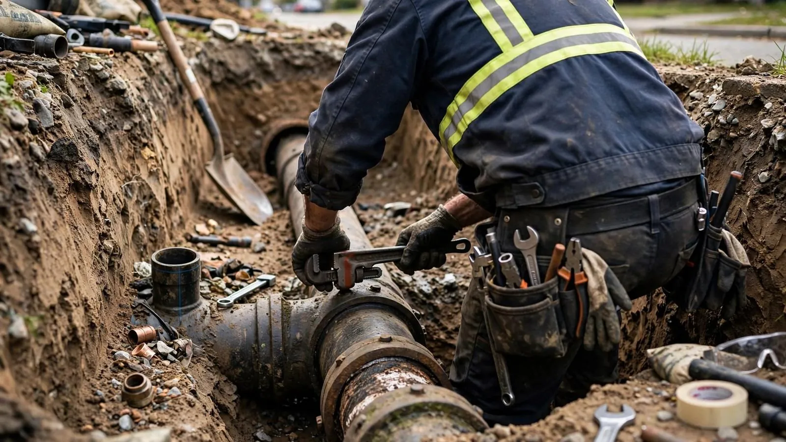 Plumber repairing a sewer line in an excavated trench in Simsbury, CT