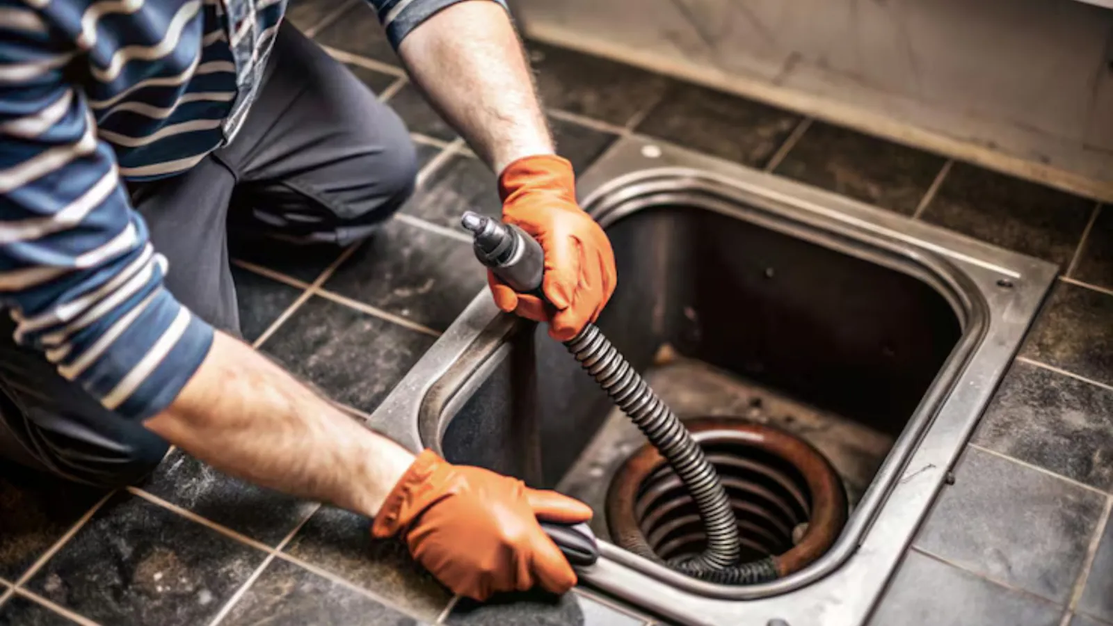 Plumber feeding a drain cable into a clogged floor drain during drain cleaning in Simsbury, CT