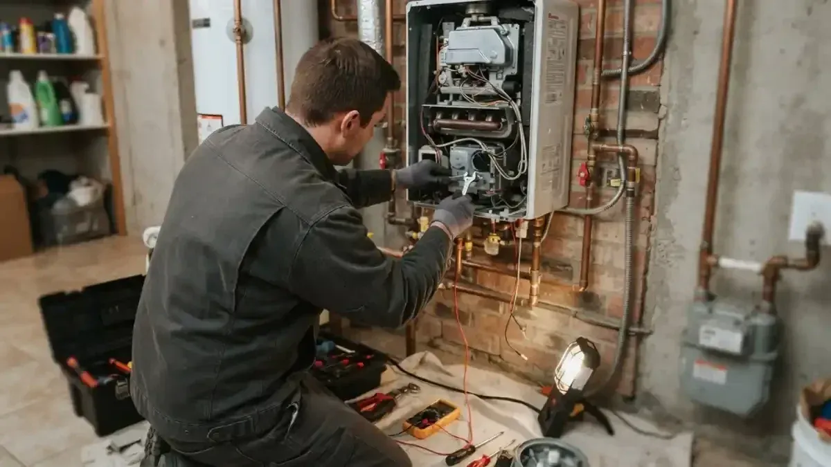 Technician repairing a boiler control panel and piping in a Simsbury, CT basement