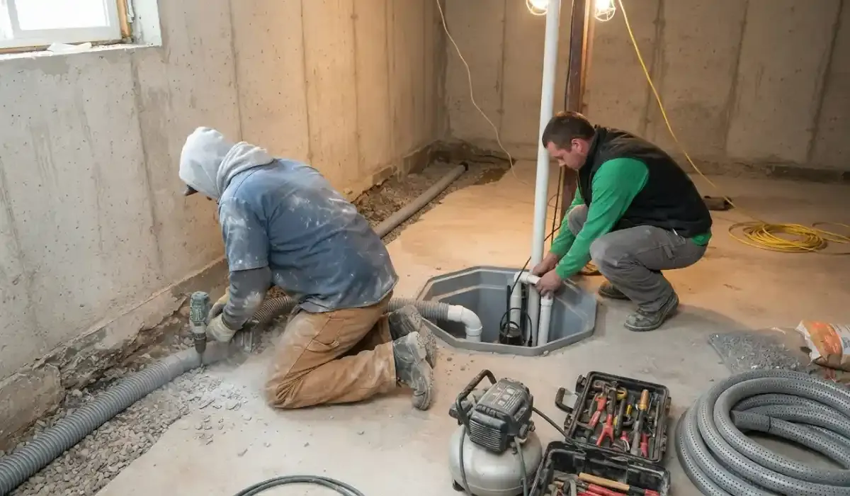 Crew installing a basement drain and sump system for waterproofing in Simsbury, CT