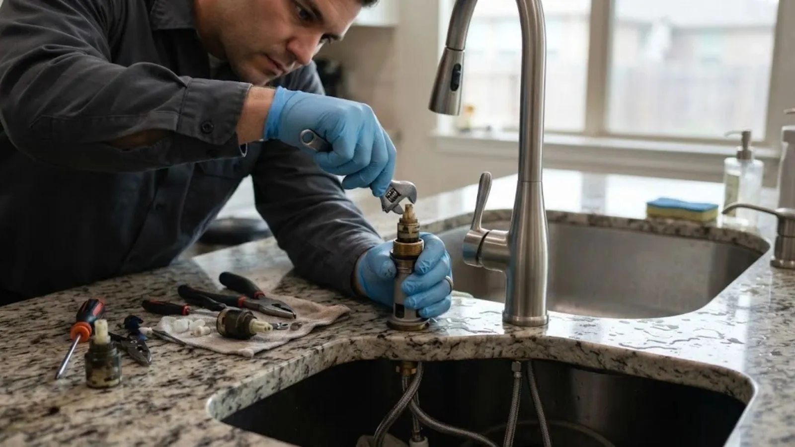 Plumber replacing a faucet cartridge at a kitchen sink in Simsbury, CT