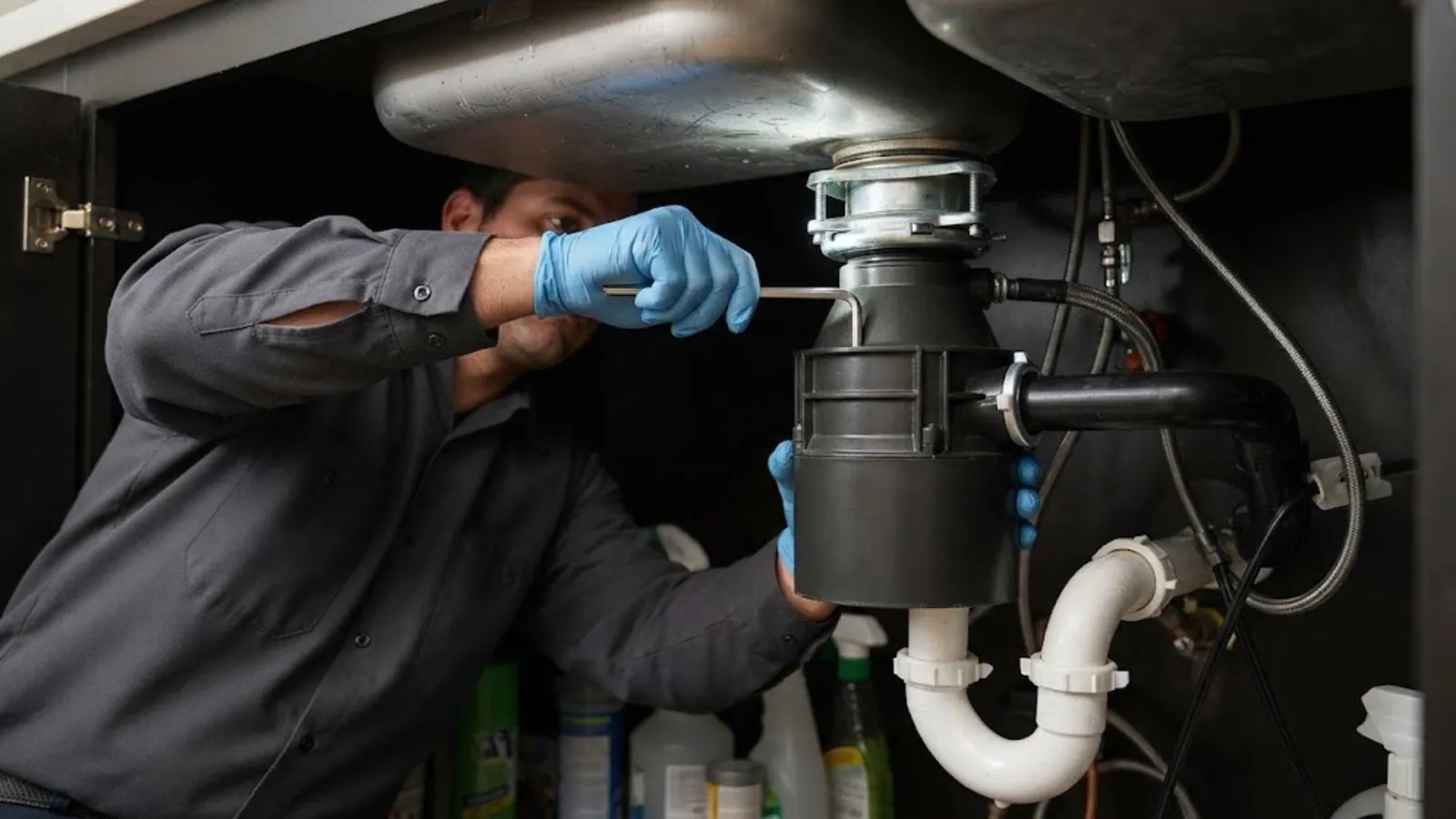 Plumber repairing a garbage disposal under a kitchen sink in Simsbury, CT