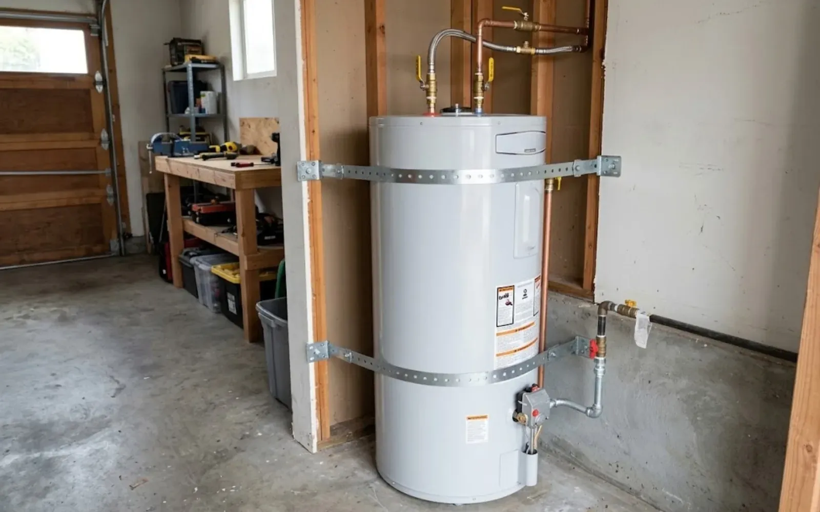 New strapped tank water heater installed on a garage wall after a replacement in Simsbury, CT