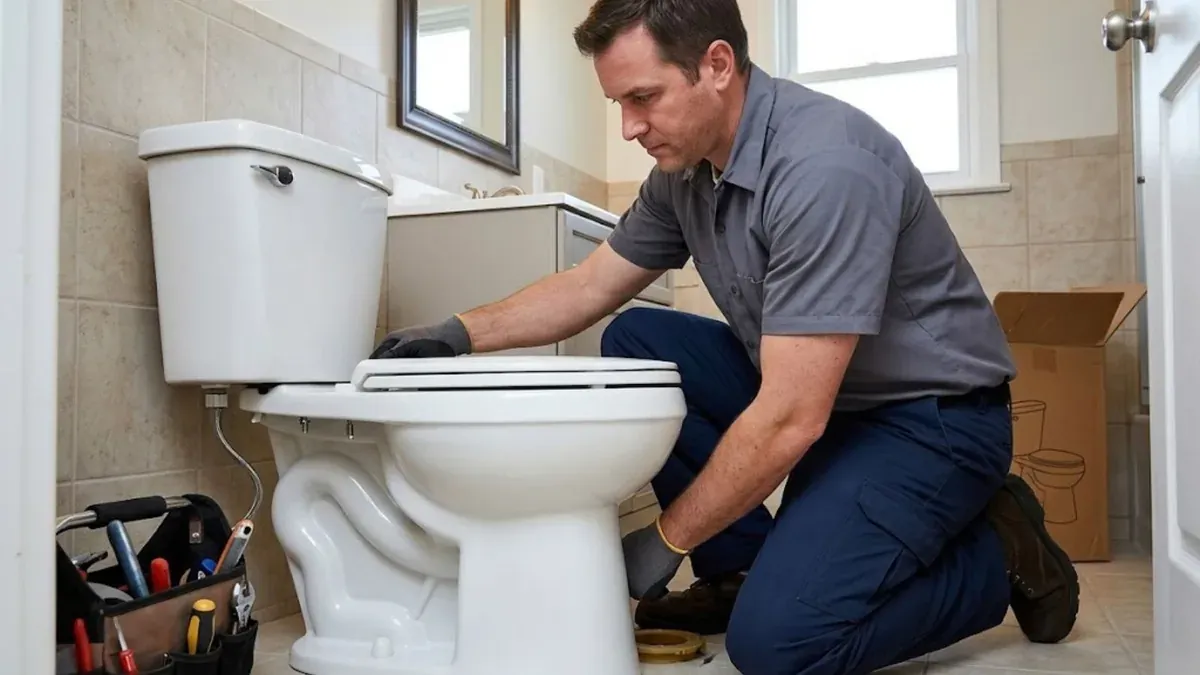 Plumber installing and repairing a toilet in a Simsbury, CT bathroom