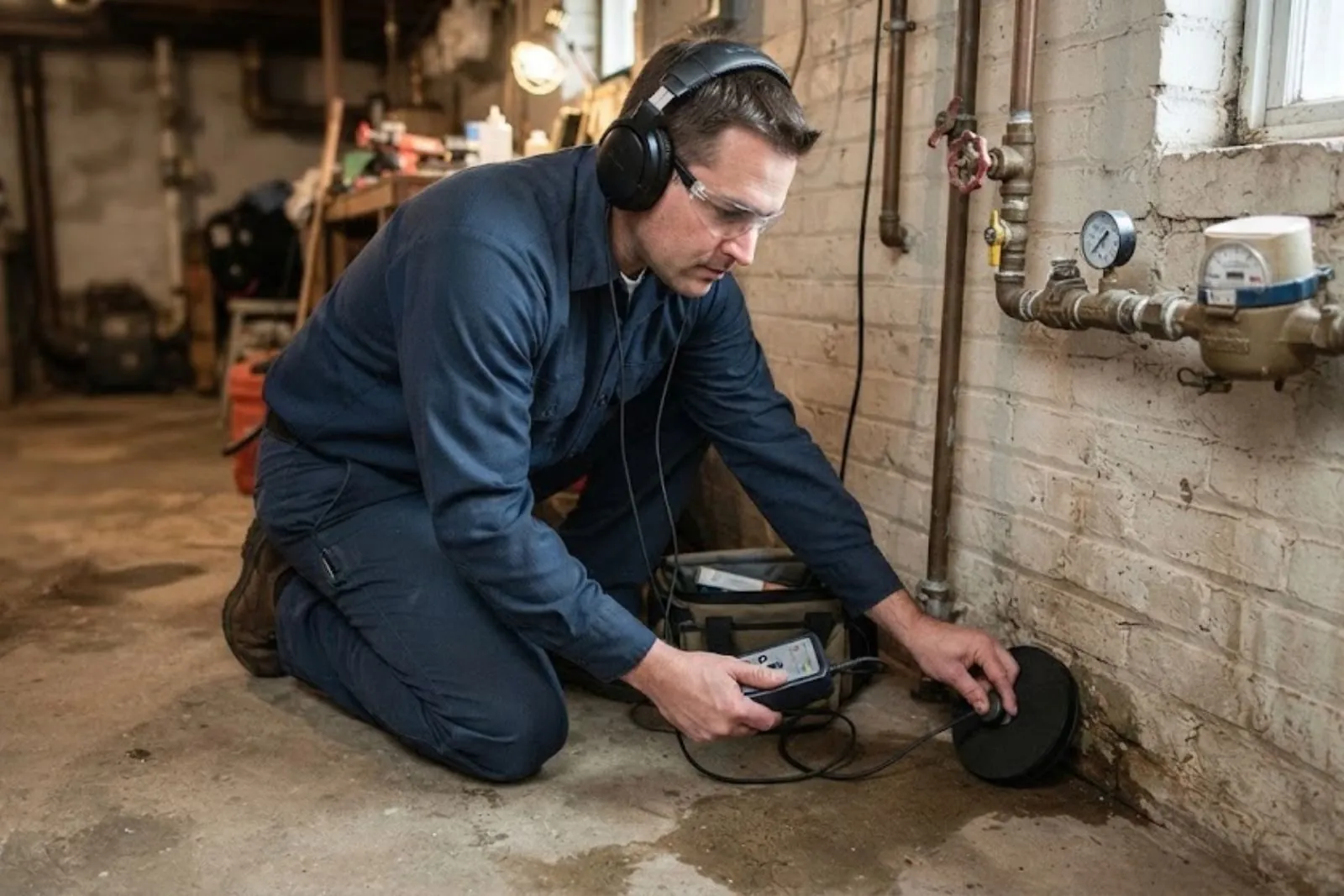 Technician with listening equipment checking a water meter for a hidden leak in a Simsbury, CT basement