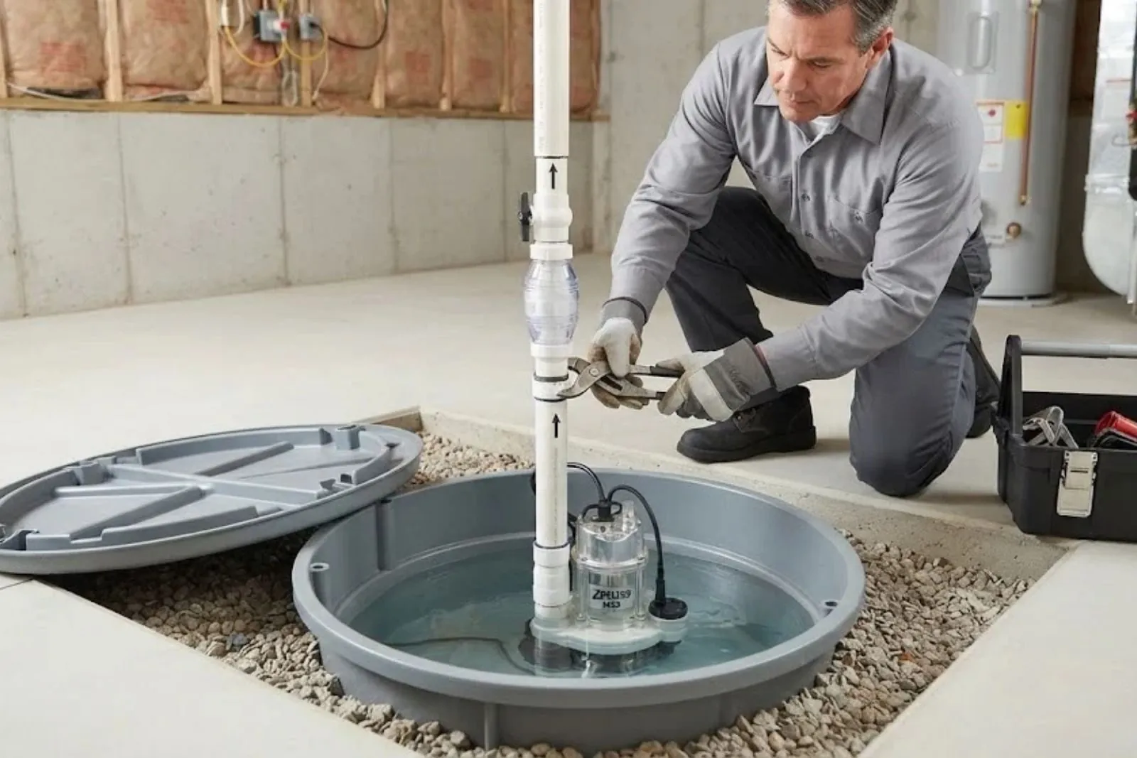 Plumber servicing a sump pump in a basement sump pit in Simsbury, CT