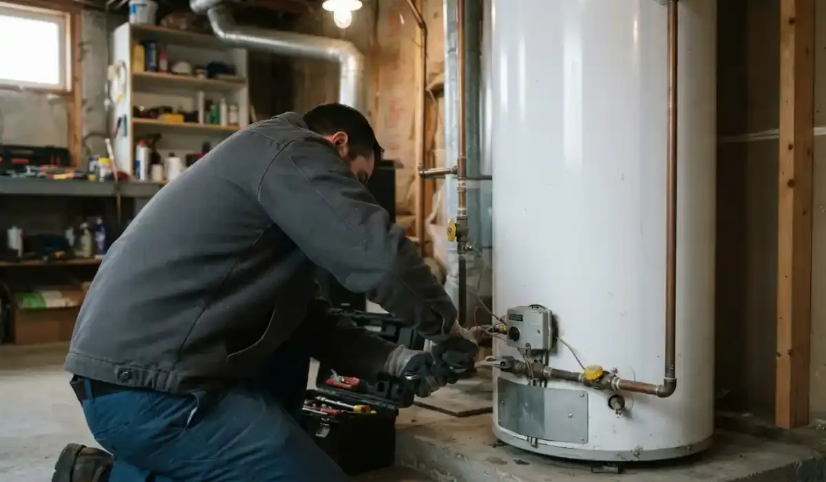 Plumber repairing a gas tank water heater in a Simsbury, CT basement