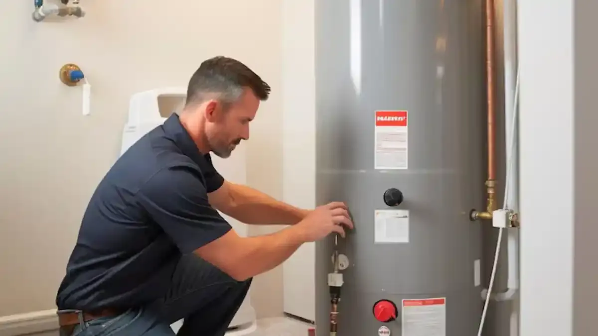 Plumber installing a new tank water heater in a Simsbury, CT home