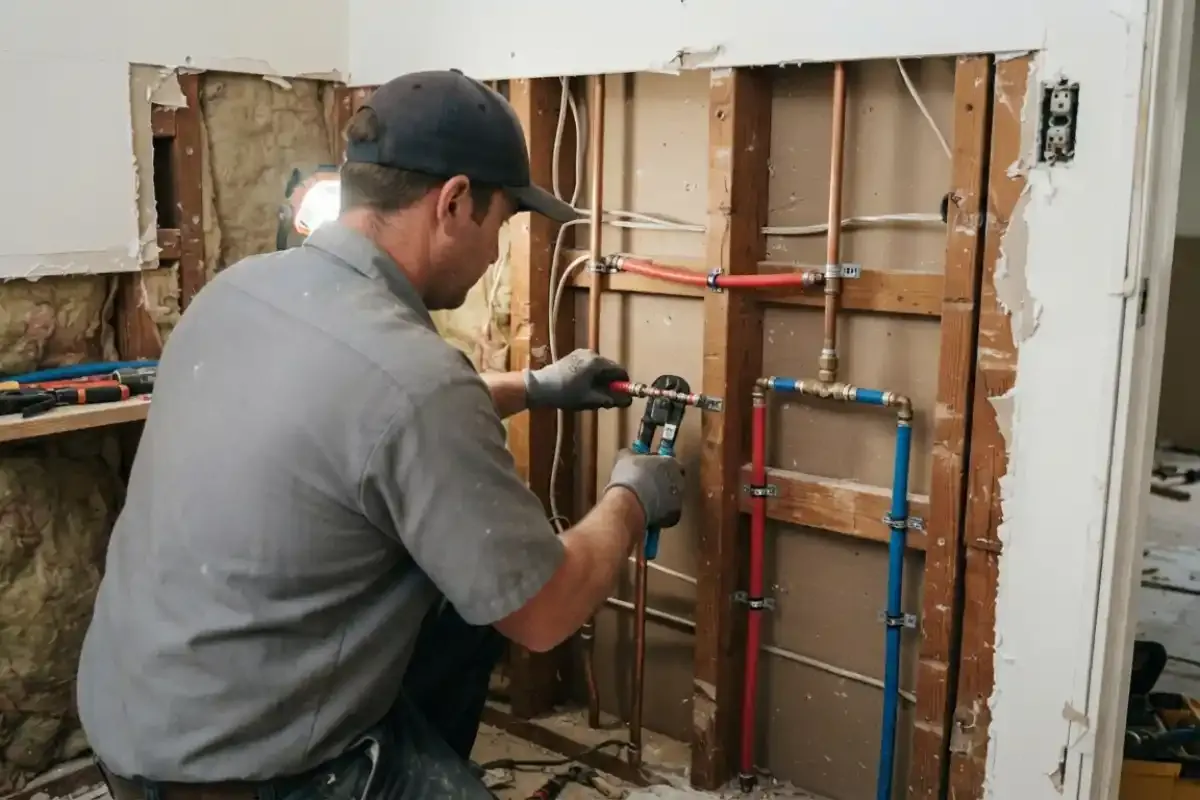 Plumber repiping a house with PEX lines inside an opened wall in Simsbury, CT
