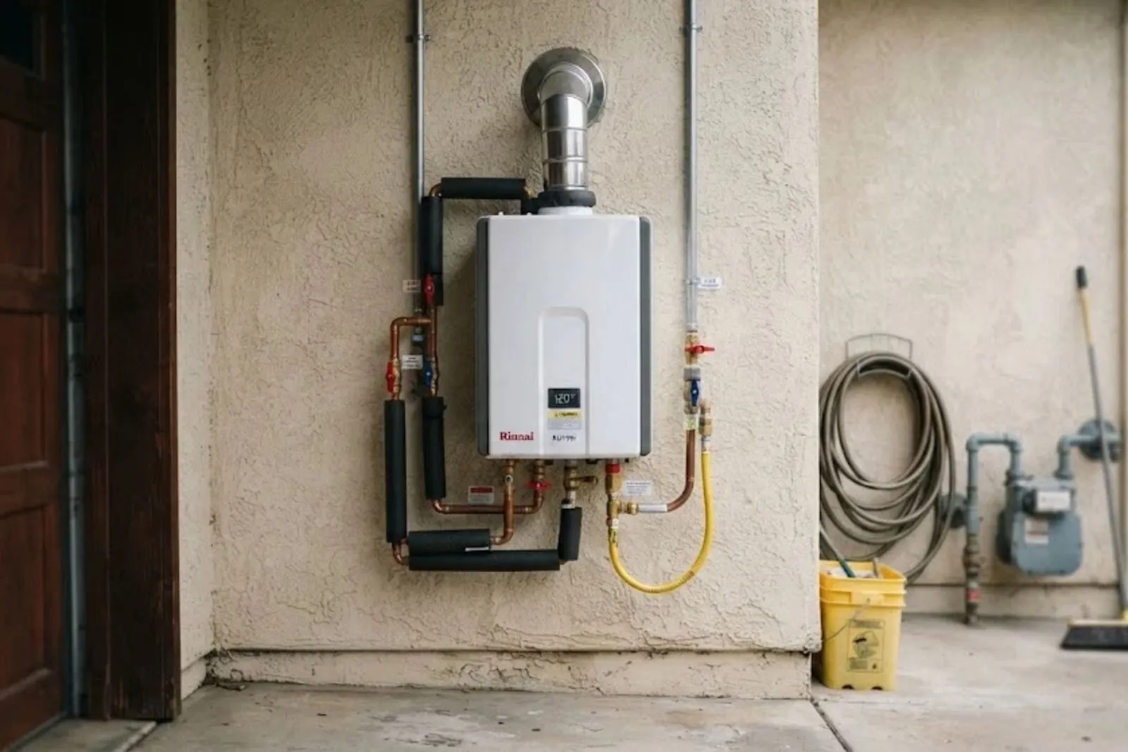 Wall-mounted tankless water heater with gas and water connections in a Simsbury, CT home